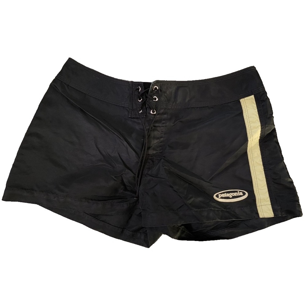 Patagonia‎ Womens Black Board Shorts Size 7 Lace Up Front Side Stripe Swim
